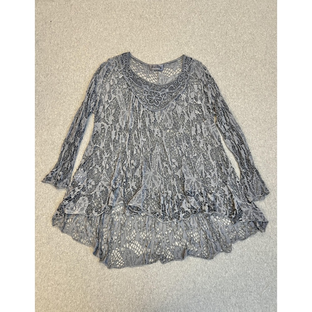 Joseph Ribkoff Blouse Womens One Size Gray Sheer Crochet Floral Ruffle Tunic Top